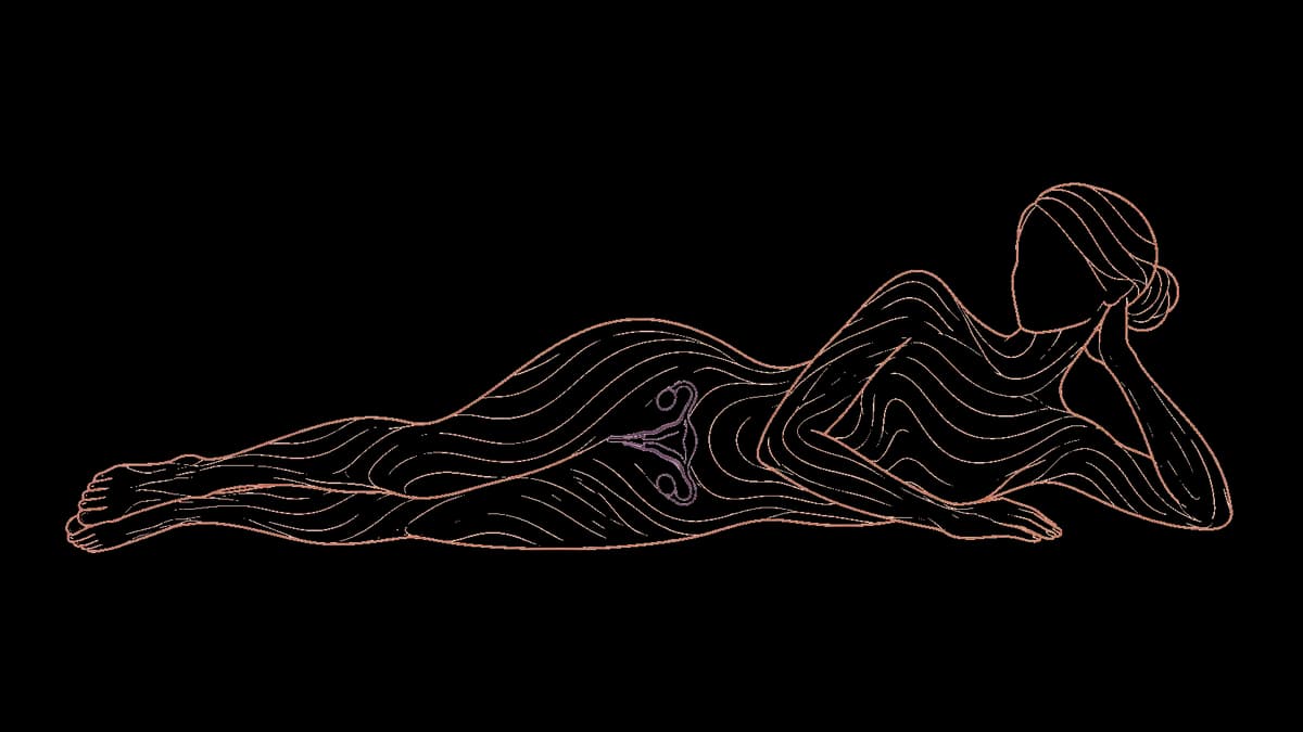Ilustração de contorno de uma figura feminina reclinada, com o corpo desenhado em linhas topográficas e o sistema reprodutivo em destaque na região do baixo-ventre